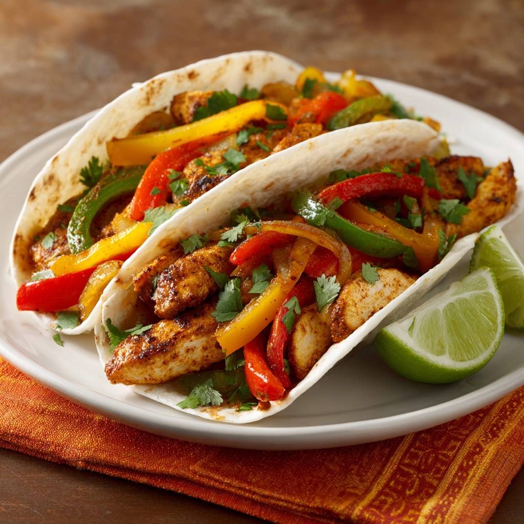 Hahnchen Fajita Tacos Nahaufnahme Garniert 1 Hähnchen-Fajita-Tacos, nahaufnahme der saftigen Füllung mit Paprika, Zwiebeln und Koriander, serviert mit Limettenspalten.
