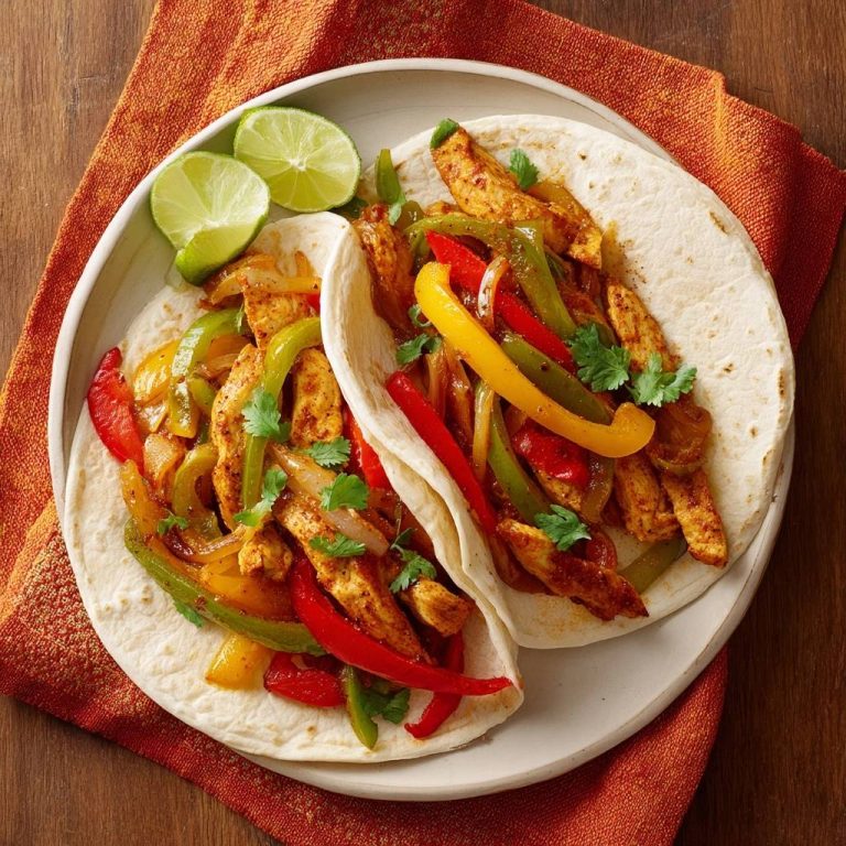 Hähnchen-Fajita-Tacos serviert auf Tortillas mit Limettenspalten und Koriander garniert