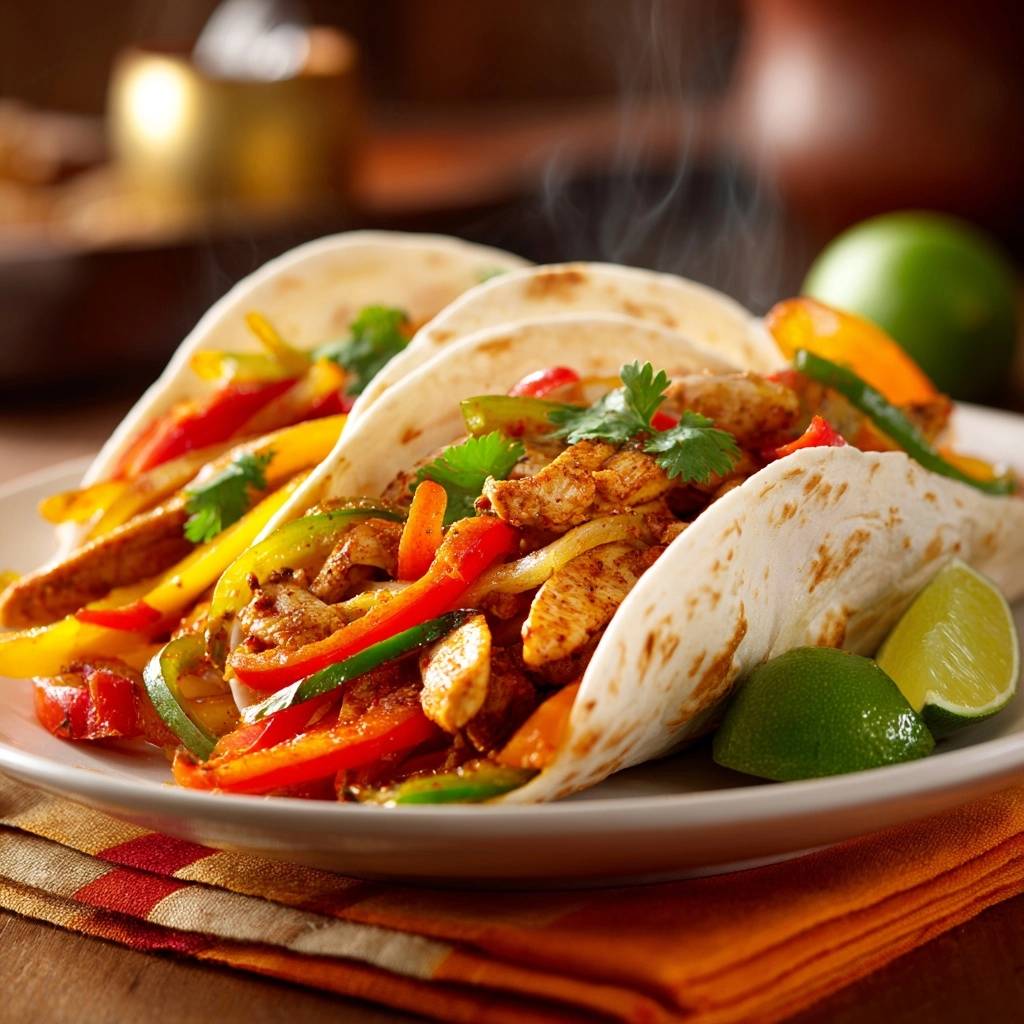 Saftige Hähnchen-Fajitas dampfend auf einem Teller mit frischer Limette und Koriander garniert