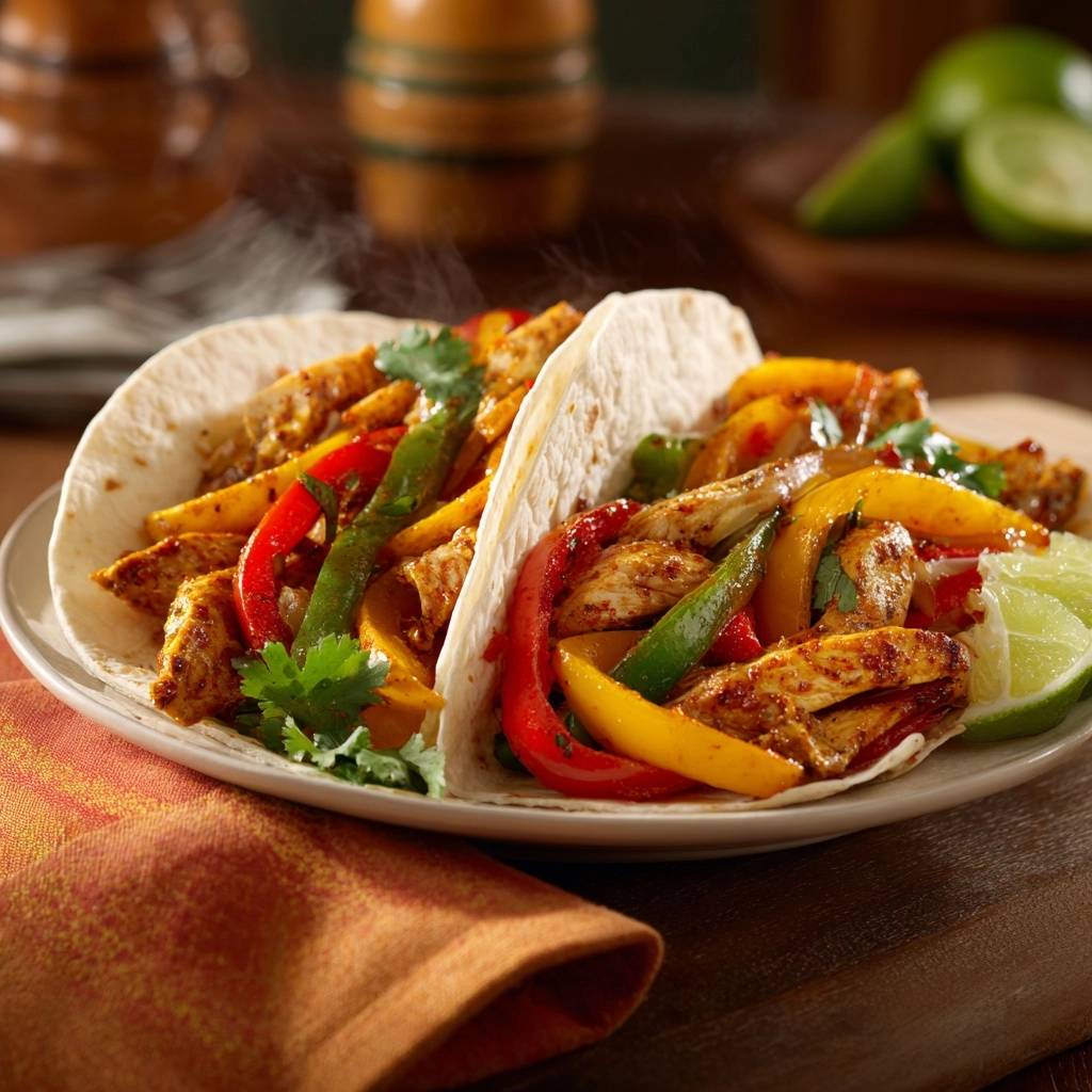 Saftige Hähnchen-Fajitas mit dampfendem Fleisch und bunten Paprika, auf einem Teller serviert mit Limettenspalten.