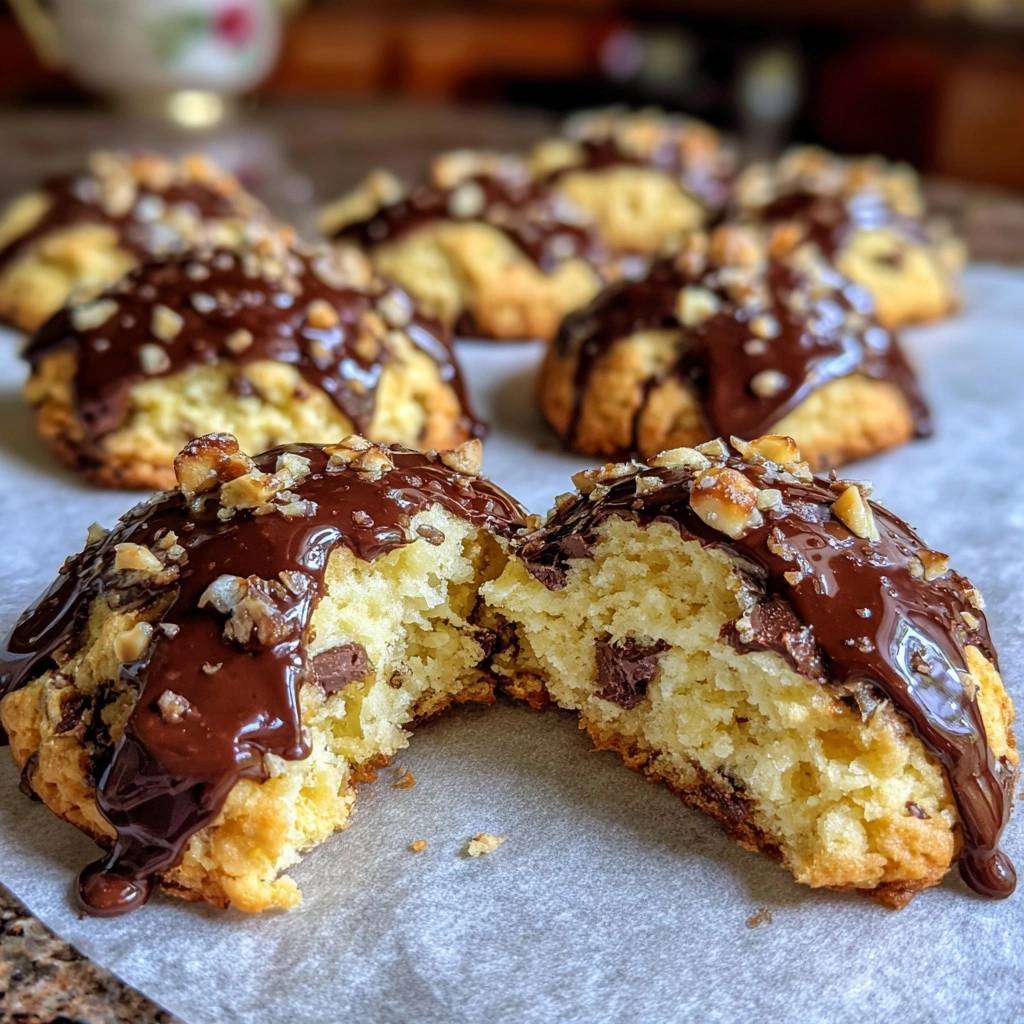 Haselnuss-Schoko-Kekse angeschnitten, zeigen ein luftiges Inneres mit Schokoladenstückchen und sind mit gehackten Nüssen bestreut.