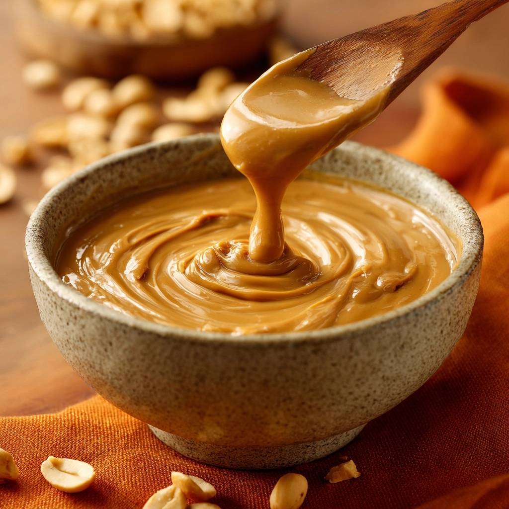 Hausgemachte cremige Erdnussbutter wird mit einem Holzlöffel aus einer Schüssel mit wirbelnder Textur geschöpft.