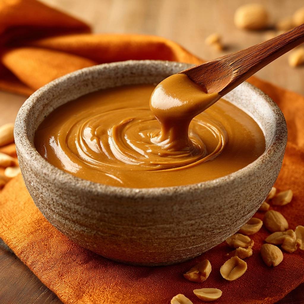 Hausgemachte cremige Erdnussbutter wird mit einem Holzlöffel aus einer Schüssel geschöpft, umgeben von ganzen Erdnüssen.