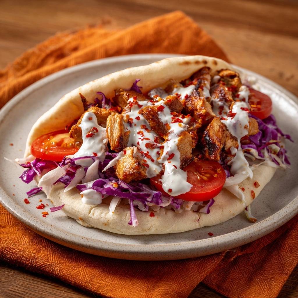 Hausgemachtes Döner-Fladenbrot mit zartem Hähnchen, Nahaufnahme des gefüllten Brotes mit viel Hähnchenfleisch und Sauce.