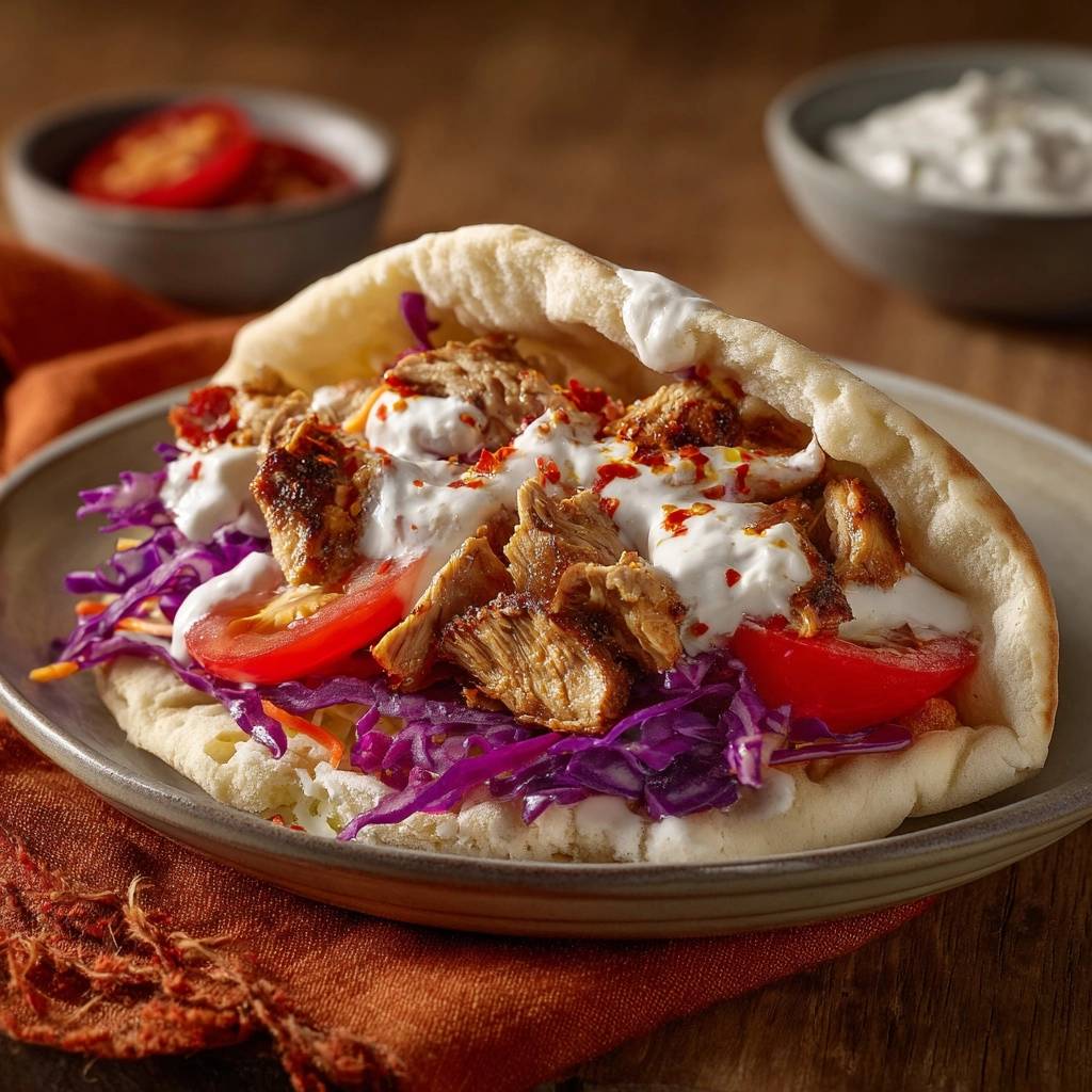 Hausgemachtes Döner-Fladenbrot mit zartem Hähnchen, Nahaufnahme des gefüllten Fladenbrots mit Gemüse und Soße.