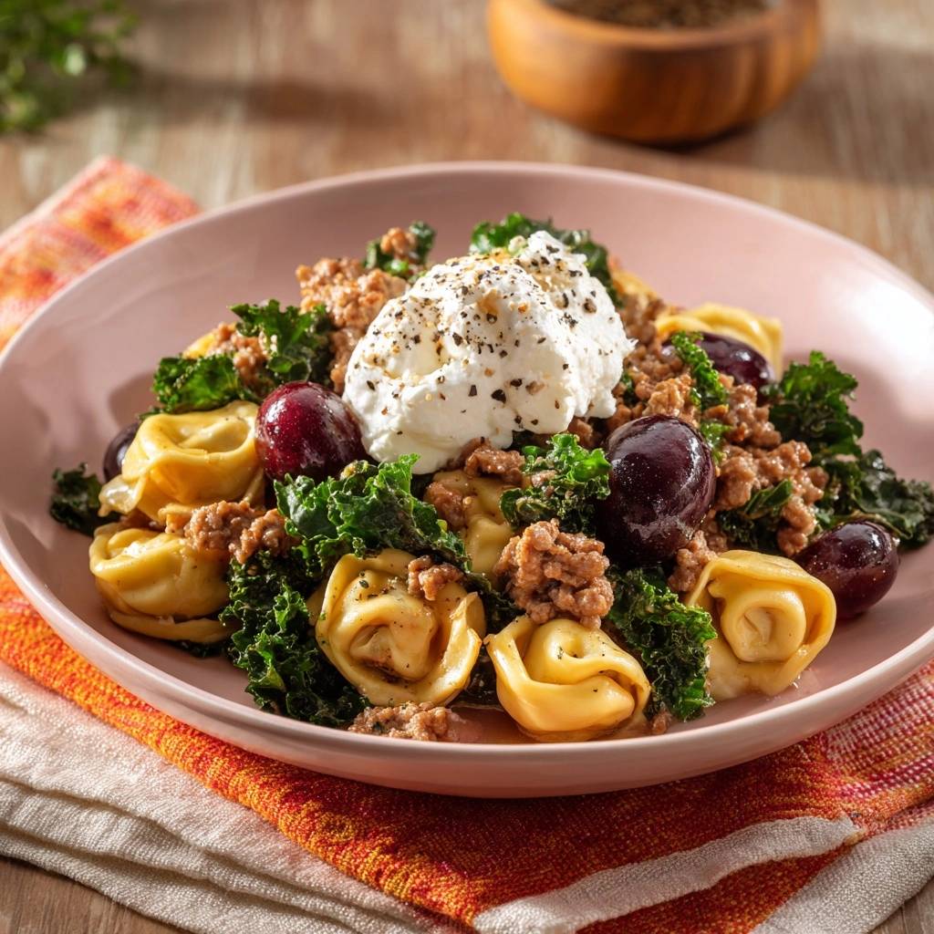 Herbstliche Grünkohl-Tortellini-Pfanne mit Hack, Trauben & Ricotta, nahaufnahme der servierten Portion mit cremigem Ricotta-Topping.