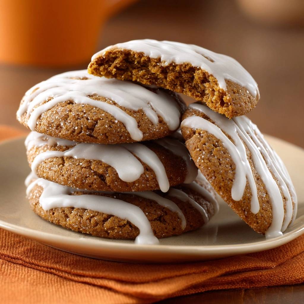 Herbstliche Kuerbiskekse Angeschnitten Mit Zuckerguss 1 Herbstliche Kürbiskekse mit Zuckerguss, ein angeschnittener Keks zeigt die weiche Textur und den Zuckerguss.
