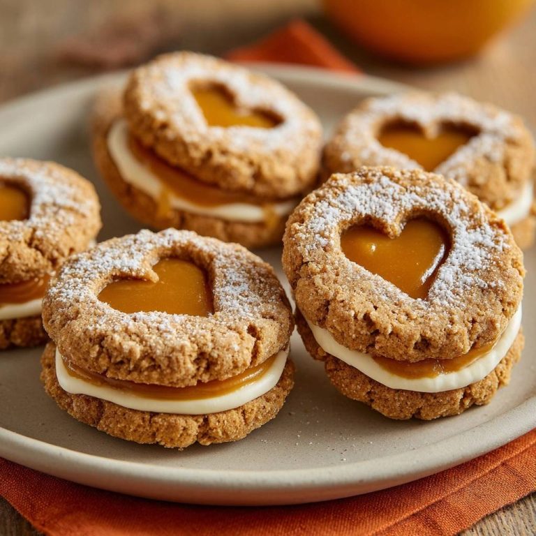 Herz-Karamell-Doppelkekse mit Puderzucker und einer Füllung aus Creme und Karamell, Nahaufnahme auf einem Teller