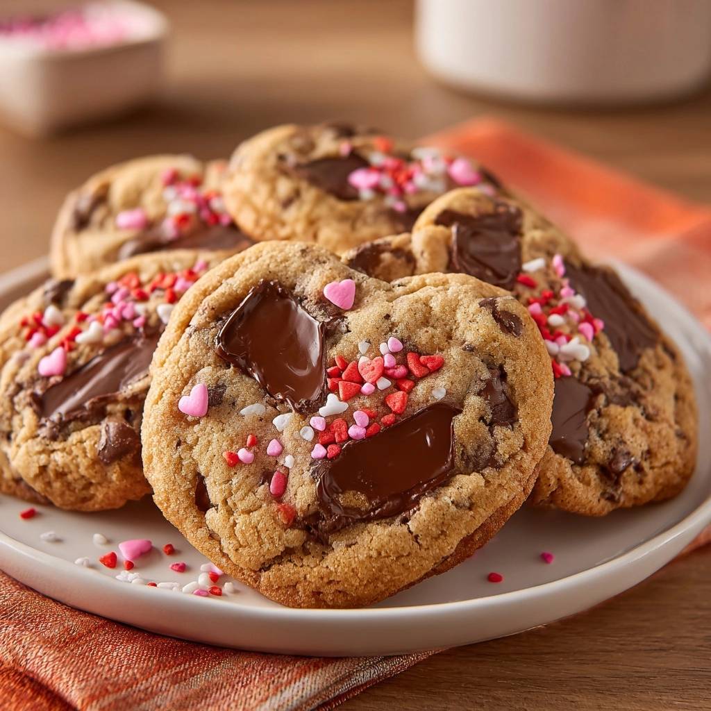 Herzförmige Schoko-Chip-Cookies mit bunten Liebes-Streuseln und Schokoladenstückchen, nahaufnahme auf einem Teller.