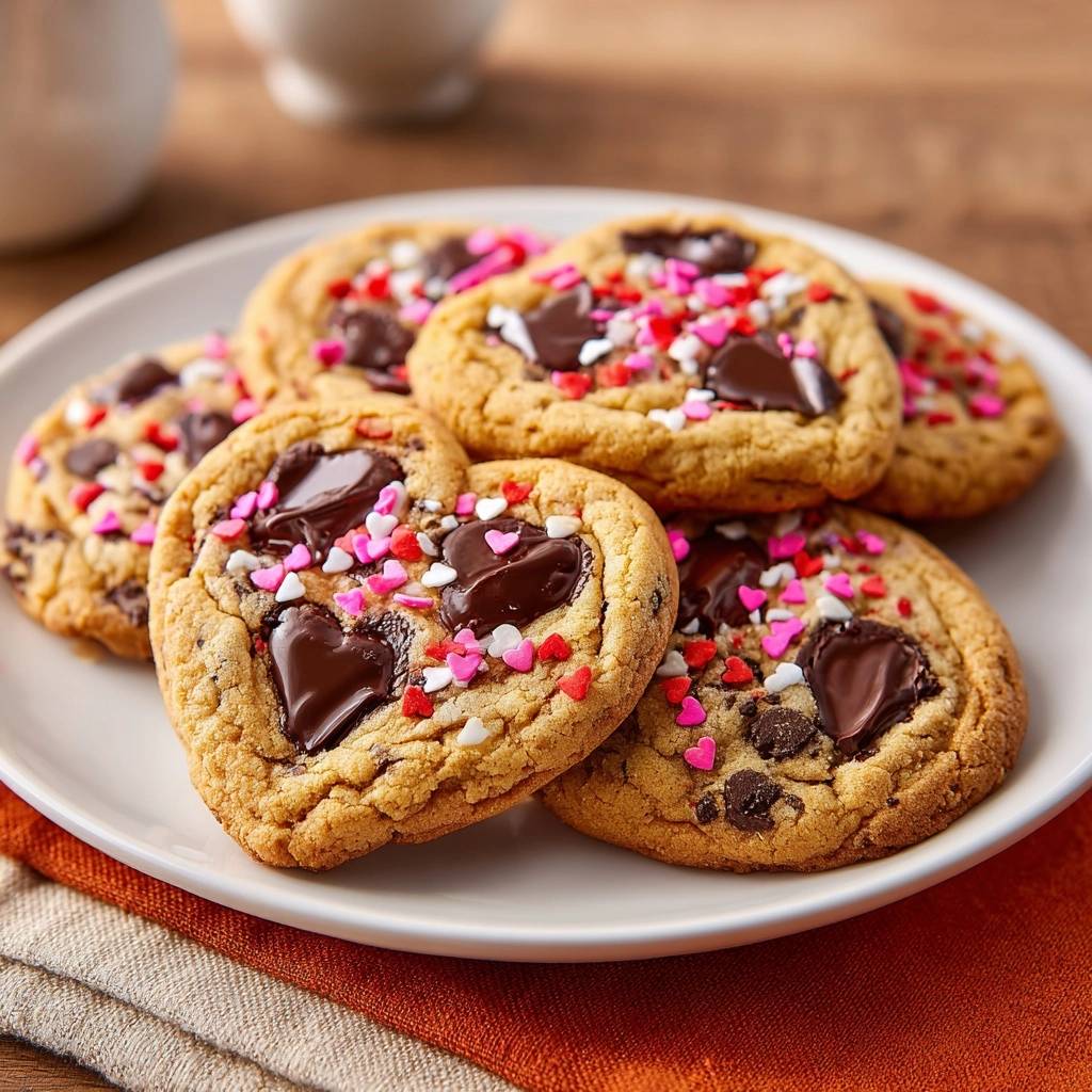 Herzförmige Schoko-Chip-Cookies mit bunten Streuseln und geschmolzener Schokolade auf einem Teller serviert.