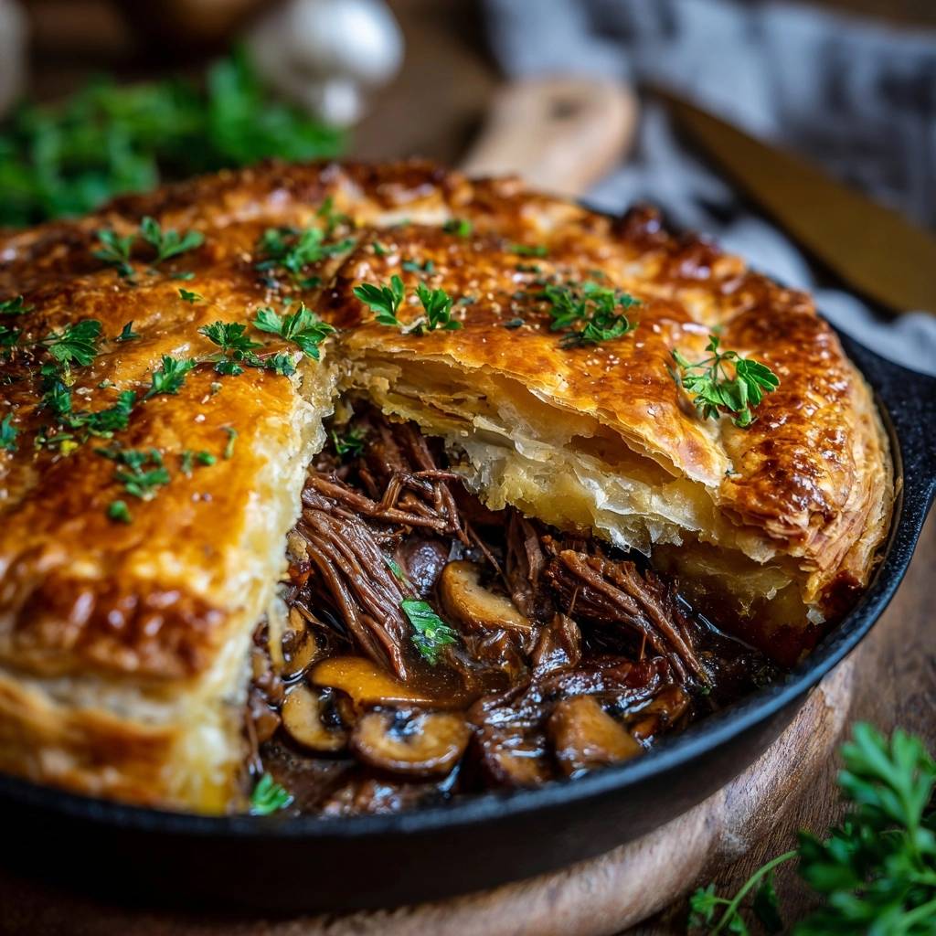 Herzhafter Rindfleisch Pilz Pie Angeschnitten 1 Herzhafter Rindfleisch-Pilz-Pie angeschnitten, mit saftiger Füllung aus zartem Rindfleisch und Pilzen unter goldbraunem Blätterteig.