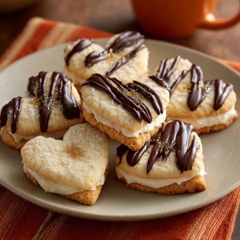 Herzige Kokos-Creme-Sandwiches, saftig & fluffig, garniert mit Schokoladenguss und goldenem Glitzer auf einem Teller.