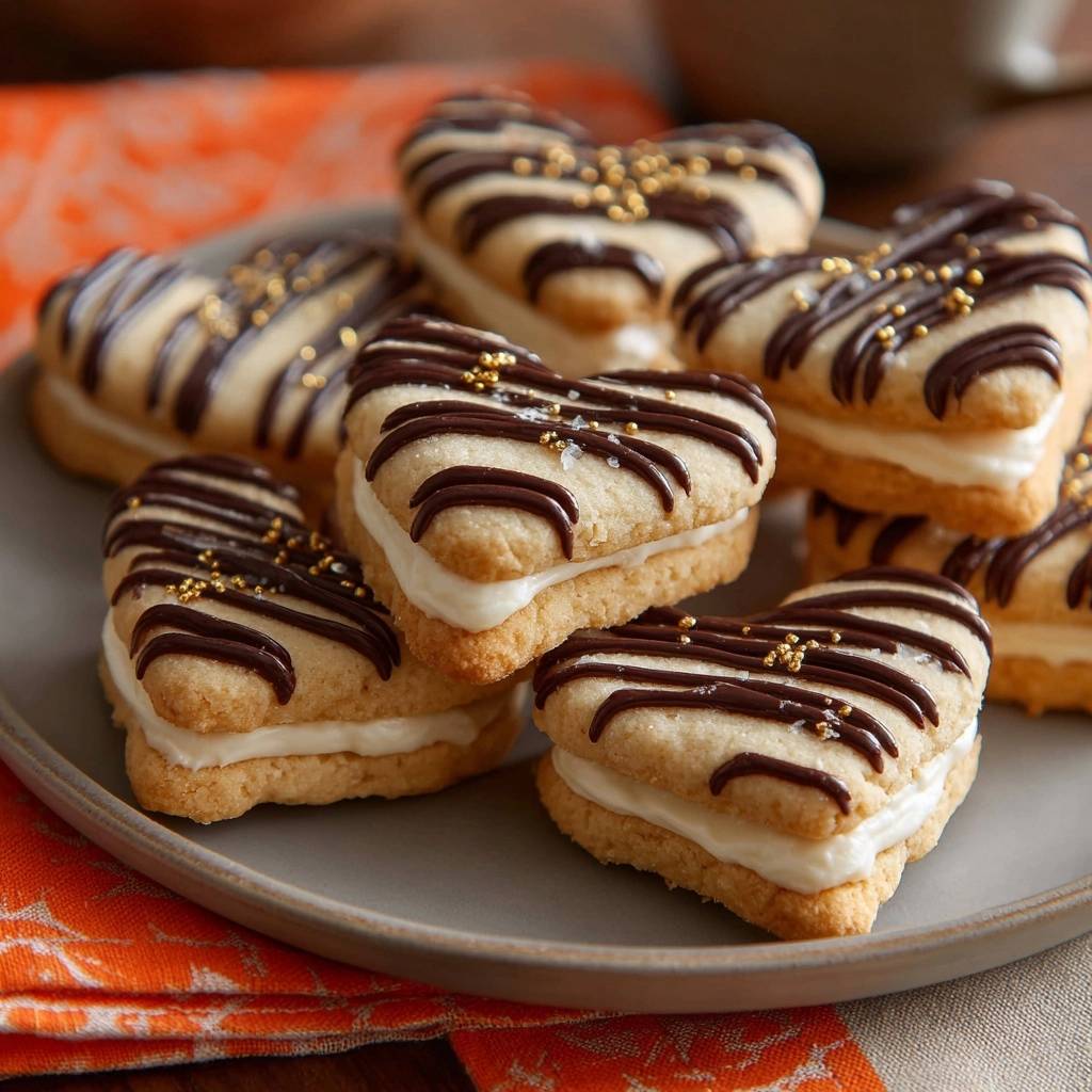 Herzige Kokos-Creme-Sandwiches, nahaufnahme der dekorierten Kekse mit Schokoladenglasur und Kokoscreme-Füllung.