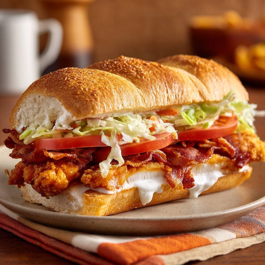 Knuspriges Hähnchen-Bacon-Sandwich mit Coleslaw, an der Seite serviert, mit Blick auf die saftige Füllung.