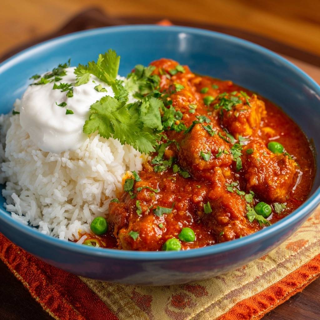 Aromatisches Hähnchen-Curry mit Erbsen, serviert mit Reis und einem Klecks Joghurt, garniert mit frischen Kräutern.