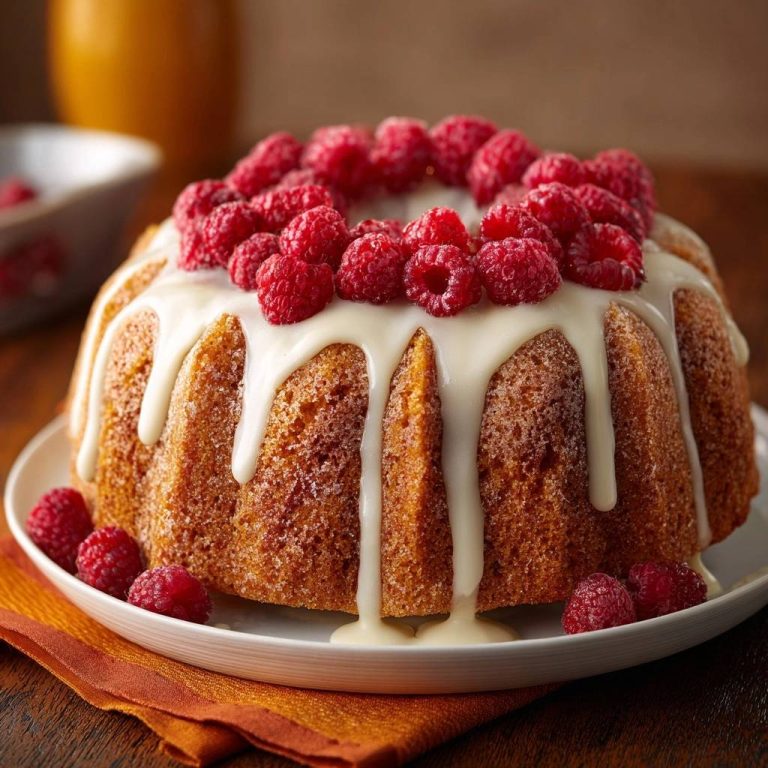 Himbeer-Gugelhupf mit cremigem Zuckerguss, dekoriert mit frischen Himbeeren und detaillierter Zuckergussglasur.