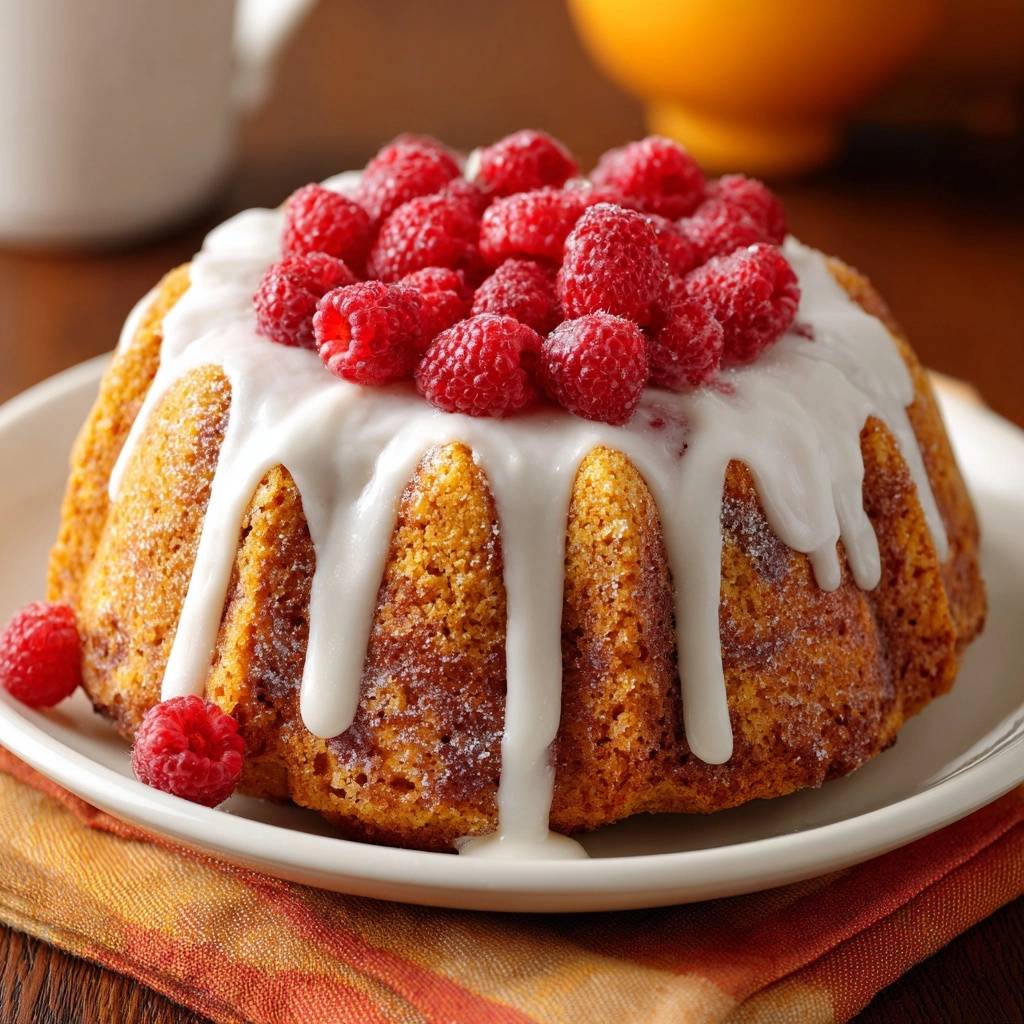 Himbeer Gugelhupf Mit Zuckerguss Und Frischen Himbeeren 1 Himbeer-Gugelhupf mit cremigem Zuckerguss und frischen Himbeeren, Nahaufnahme des glasierten Bundt-Kuchens mit drapierter Glasur und Beeren.