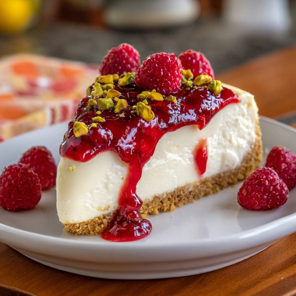 Himbeer Pistazien Cheesecake Angeschnitten 1 Himbeer-Pistazien-Cheesecake angeschnitten auf einem weißen Teller mit frischen Himbeeren und Pistazien garniert.