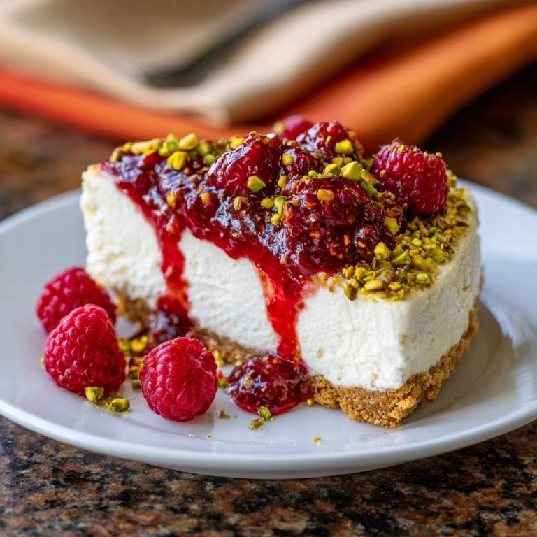 Himbeer-Pistazien-Cheesecake angeschnitten auf einem Teller mit frischen Himbeeren und Pistazien garniert