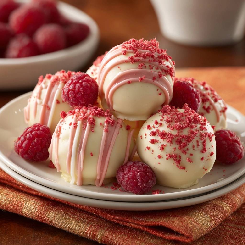 Himbeer Weiss Trffel Detail Garniert 1 Himbeer-Weißschokoladen-Trüffel, nahaufnahme mit frischen Himbeeren und roter Streudekoration, die auf dem Tisch serviert werden.