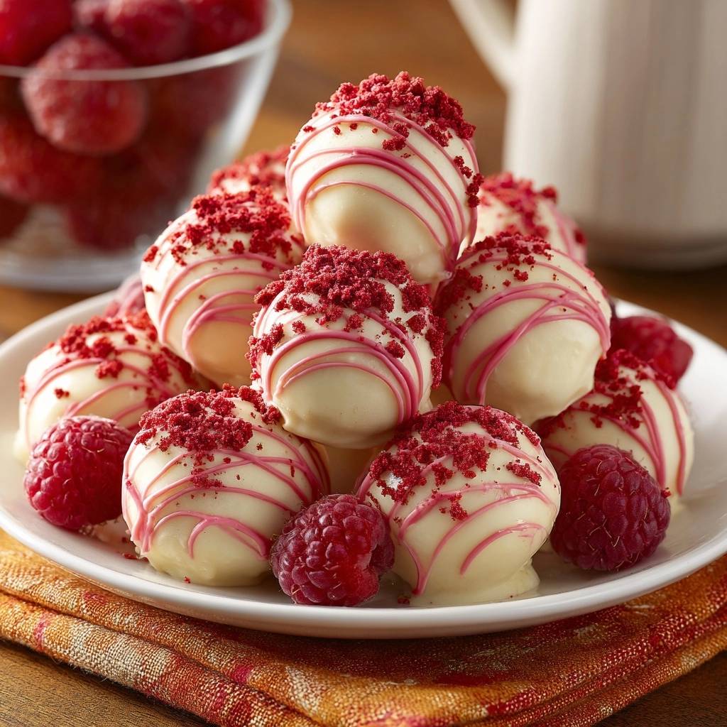 Himbeer-Weißschokoladen-Trüffel auf einer Platte mit frischen Himbeeren, verziert mit roten Krümeln und rosafarbener Glasur.