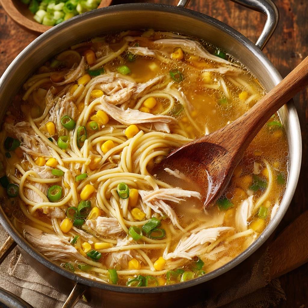 Herzhafte Hühnersuppe mit Mais und Nudeln, nah aufgenommen mit einem hölzernen Kochlöffel, der in der Suppe steckt.