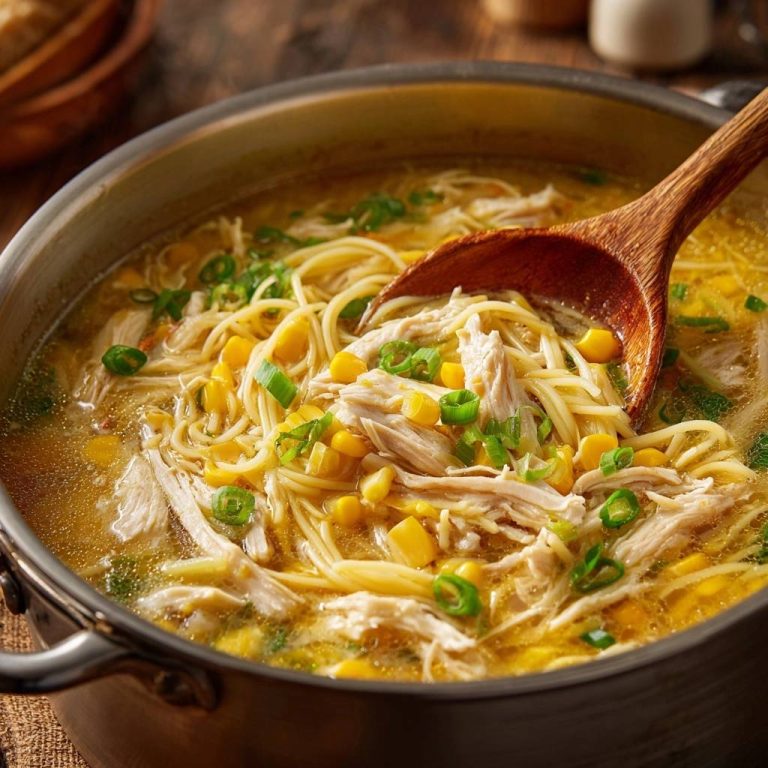 Herzhafte Hühnersuppe mit Mais und Nudeln, nahaufnahme mit einem Holzkochlöffel, der die dampfende Suppe schöpft.