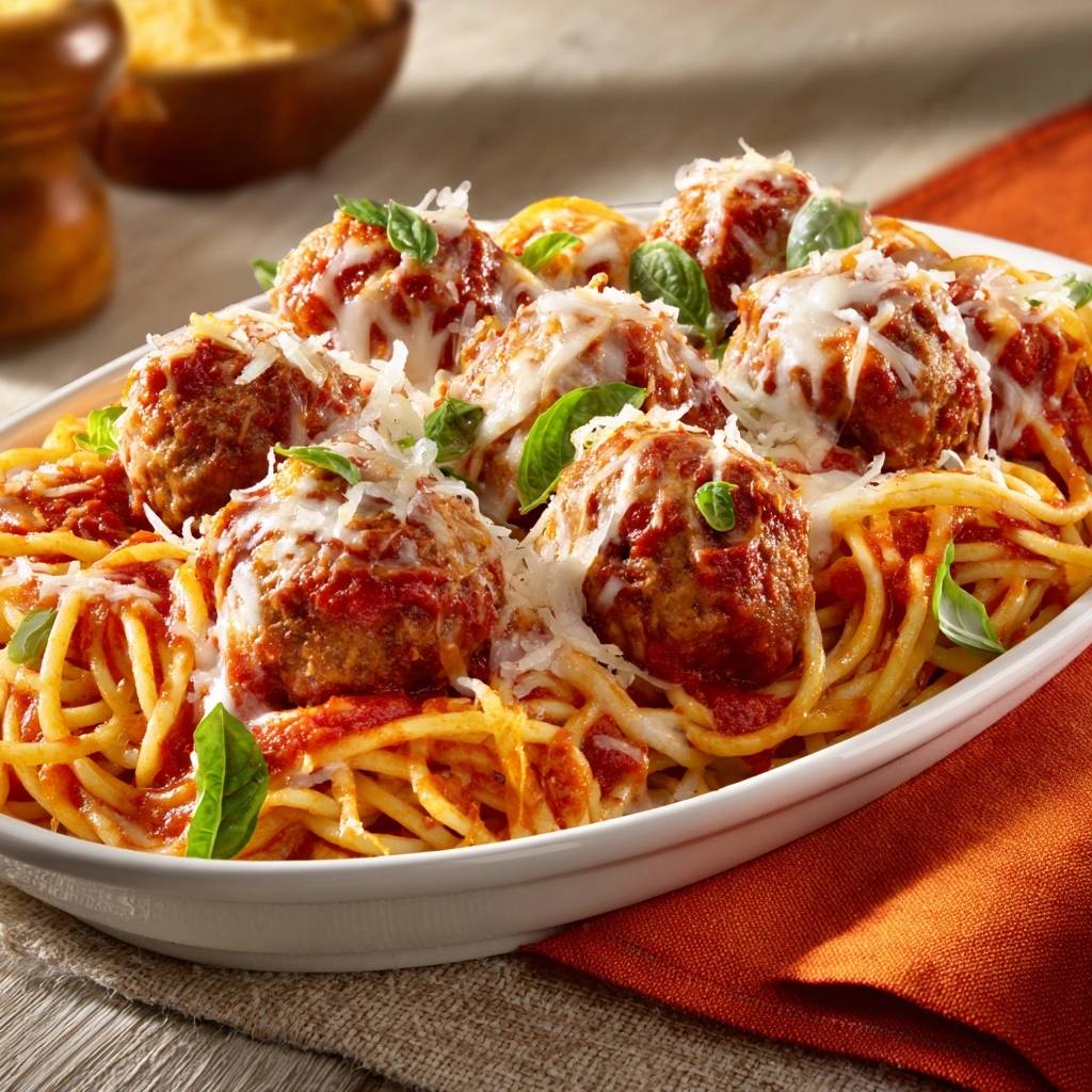 Italienische Spaghetti Mit Fleischbllchen Detail Garniert 1 Italienische Spaghetti mit Fleischbällchen, garniert mit frischem Basilikum und geschmolzenem Käse, nahaufnahme.