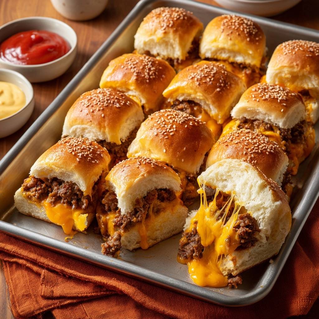 Käse-Hackfleisch-Slider, die im Anschnitt den geschmolzenen Käse und das Hackfleisch zeigen, bereit zum Servieren in einer Auflaufform.