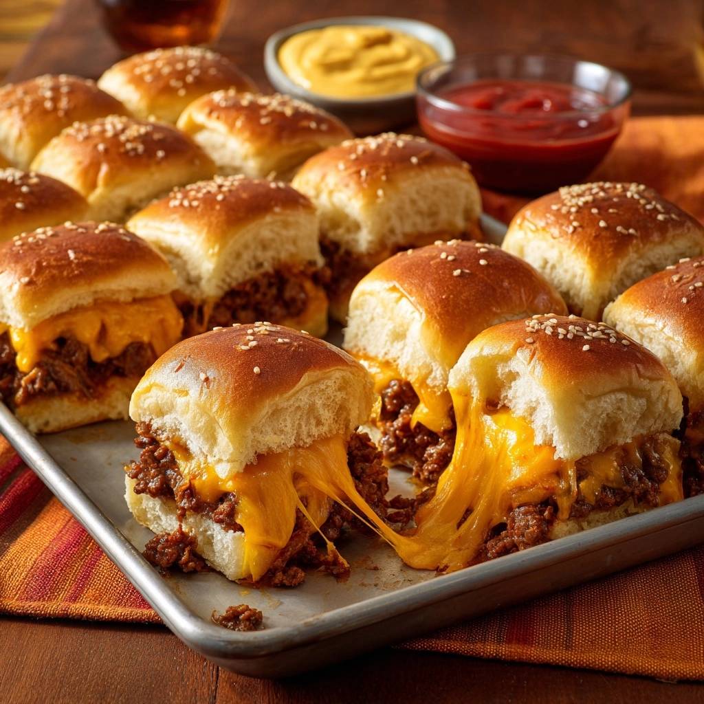 Käse-Hackfleisch-Slider zeigen durch geschmolzenen Käse eine köstliche Innenansicht, zubereitet nach Anti-Matsch-Methode.