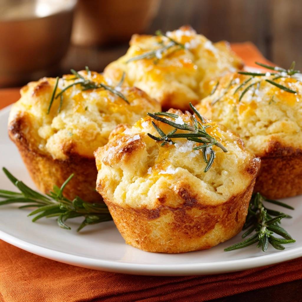 Knusprige Käse-Rosmarin-Muffins, nah aufgenommen und mit frischem Rosmarin und Meersalz garniert.