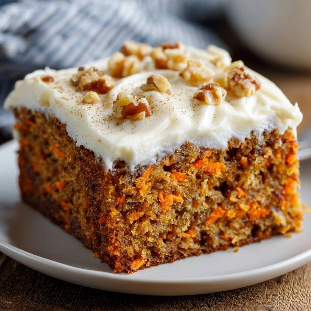 Saftiger Karottenkuchen mit Frischkäse-Frosting als Anschnitt mit Walnüssen garniert auf einem Teller