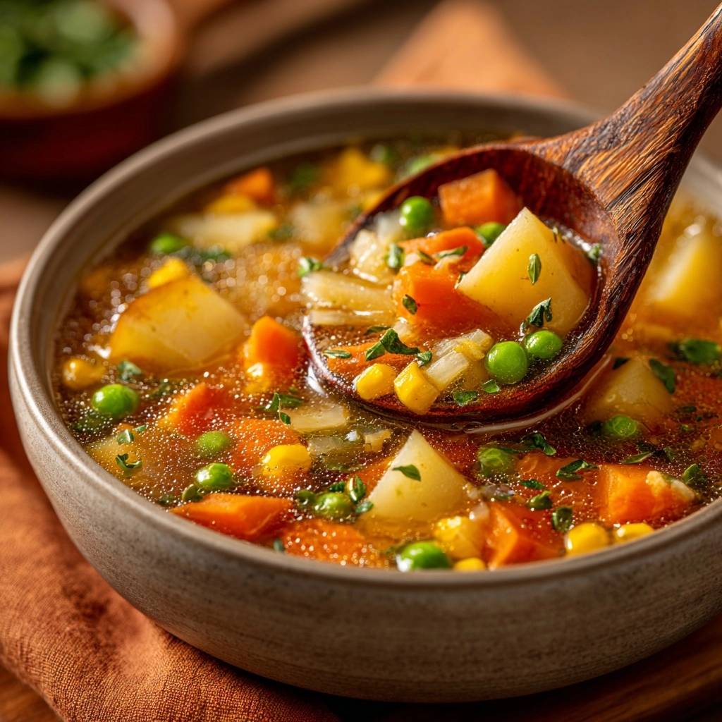 Knackige Kartoffel-Gemüsesuppe mit einer Holz-Suppenkelle voller frischem Gemüse und Kräutern