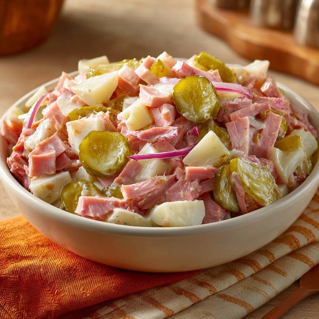 Herzhafter Kartoffel-Schinken-Salat als Nahaufnahme mit Kartoffeln, Schinken, Gurken und Zwiebeln in einer cremigen Sauce.