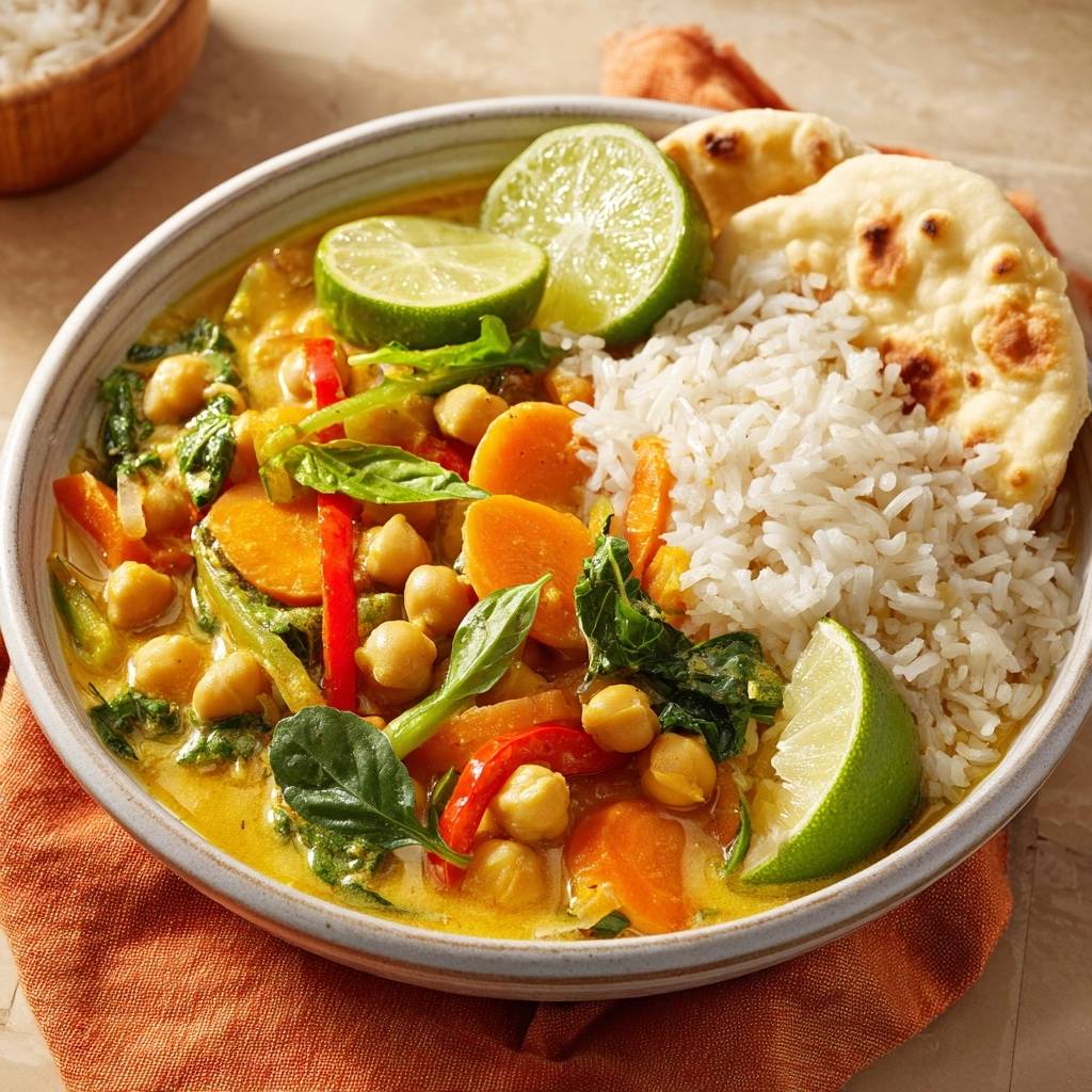 Cremiges Kichererbsen-Curry mit Reis, Naan und Limette, appetitlich in einer Schüssel serviert.