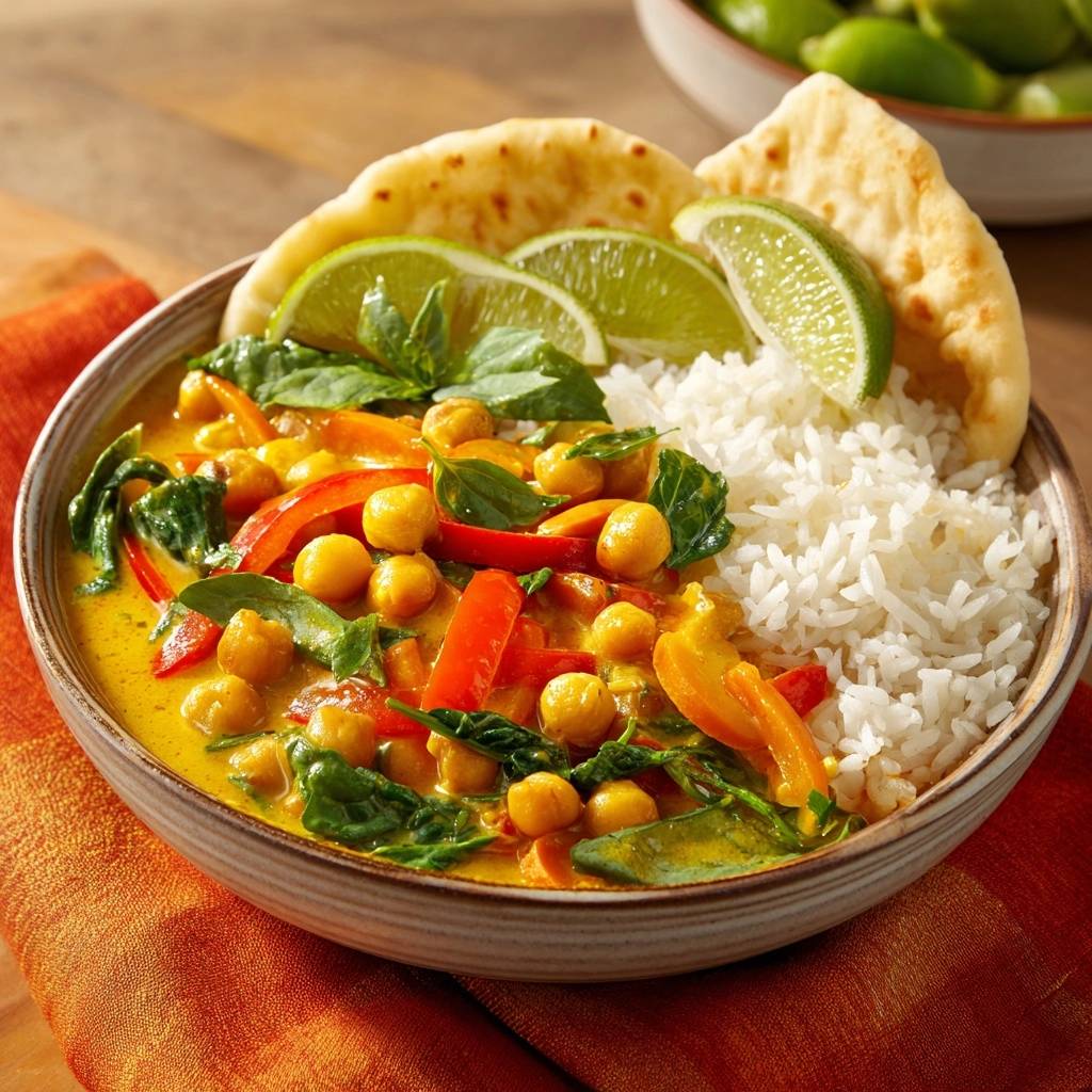 Cremiges Kichererbsen-Curry mit Reis und Naan-Brot, garniert mit Limettenspalten und frischem Basilikum.