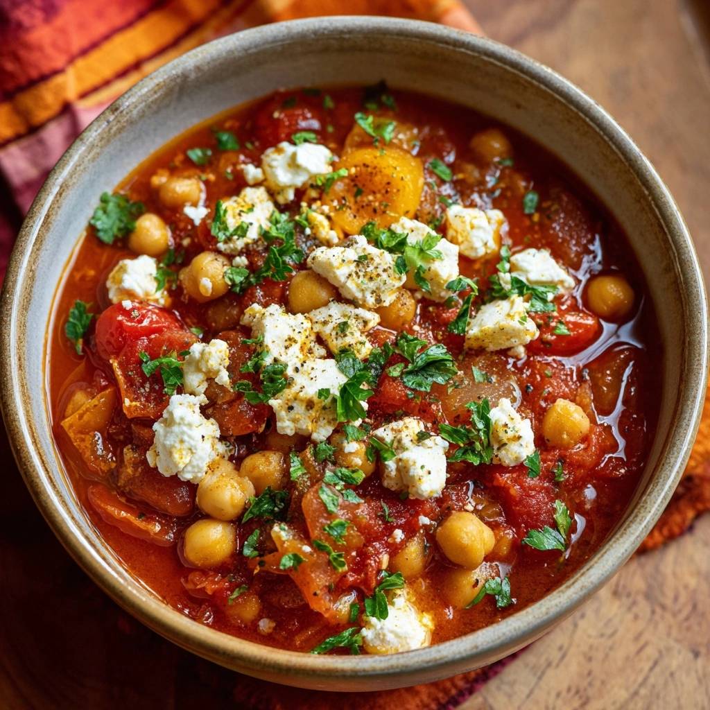 Cremiger Kichererbsen-Tomaten-Eintopf mit Feta, garniert mit frischer Petersilie und zerbröckeltem Feta-Käse.