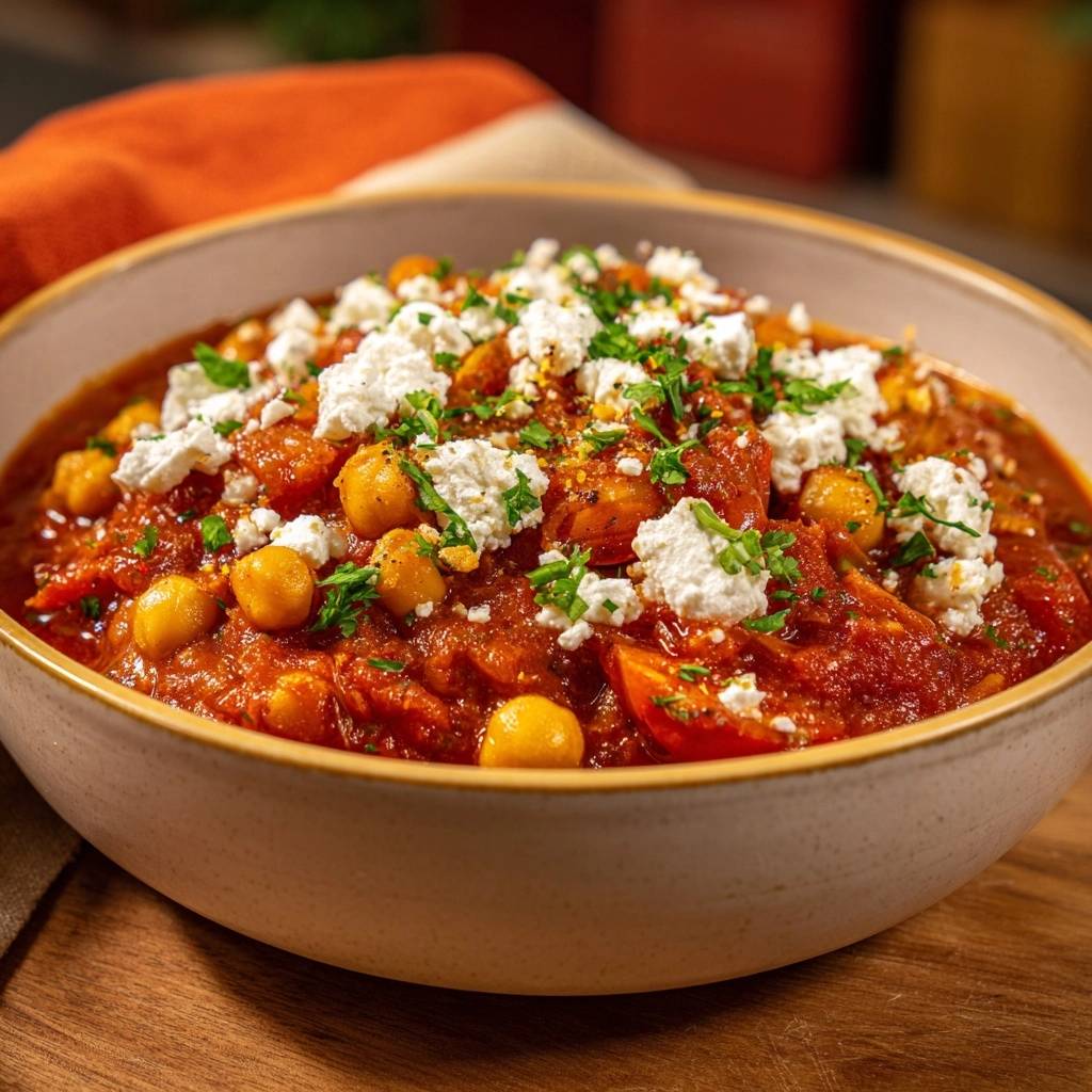 Cremiger Kichererbsen-Tomaten-Eintopf mit Feta, garniert mit frischer Petersilie und zerbröckeltem Feta-Käse.