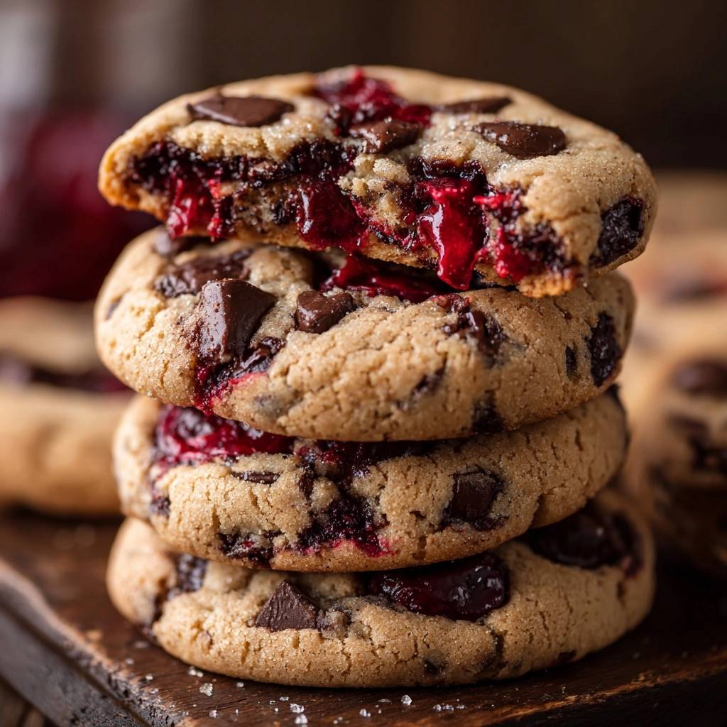 Kirsch Schoko Cookies Angeschnitten Innenansicht 1 Kirsch-Schoko-Cookies angeschnitten, die den saftigen roten Kirschkern und geschmolzene Schokoladenstückchen im Inneren zeigen.
