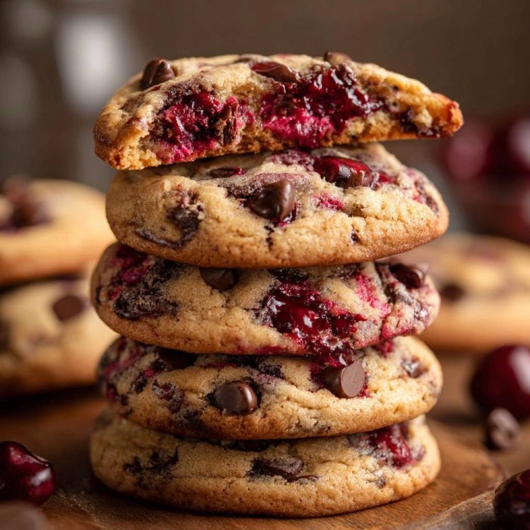 Kirsch-Schoko-Cookies mit saftiger Kirschfüllung und Schokoladenstückchen, angeschnitten zur Innenansicht gestapelt.