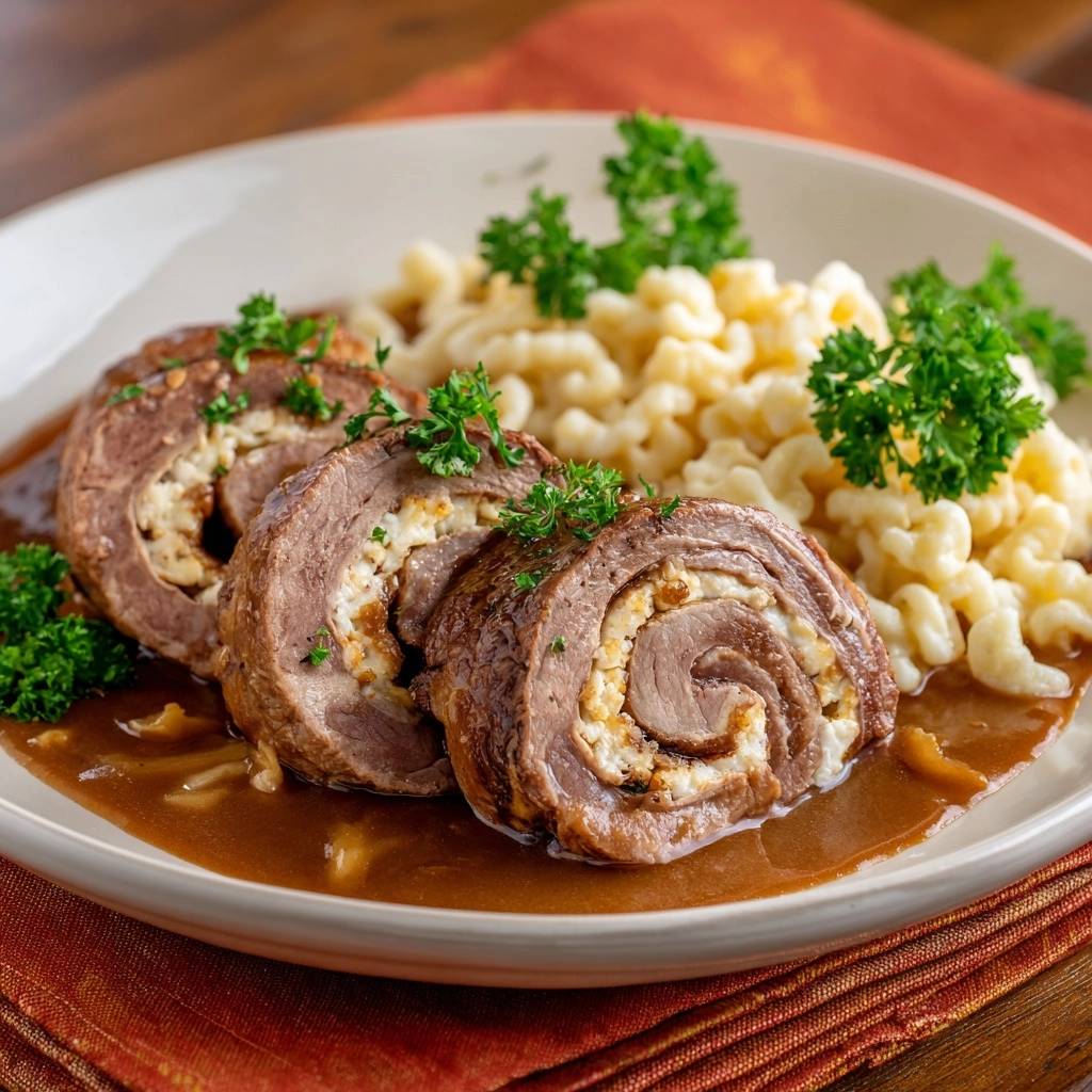 Klassische Rinderrouladen Angeschnitten 1 Klassische Rinderrouladen mit cremiger Füllung und Spätzle, angeschnitten auf einem Teller mit Sauce und Petersilie garniert.
