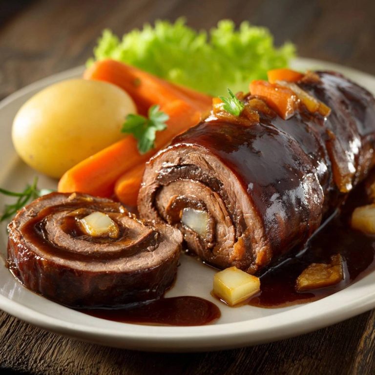 Klassische Rinderrouladen angeschnitten, mit einer Scheibe, die die Füllung zeigt, serviert mit Kartoffeln und Karotten.