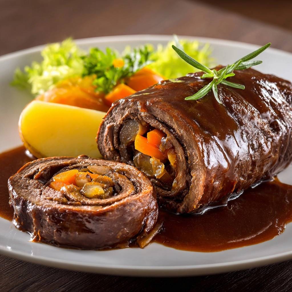 Klassische Rinderrouladen angeschnitten auf einem Teller mit Kartoffeln, Gemüse und Sauce, ein Rosmarinzweig garniert das Gericht.