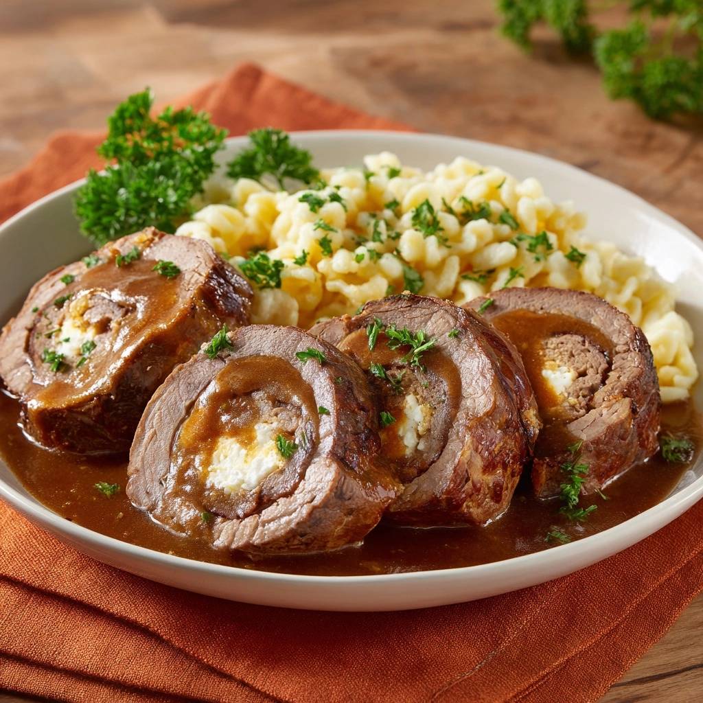 Klassische Rinderrouladen mit cremiger Füllung und Spätzle, angeschnitten und mit Sauce serviert, Nahaufnahme der Füllung.
