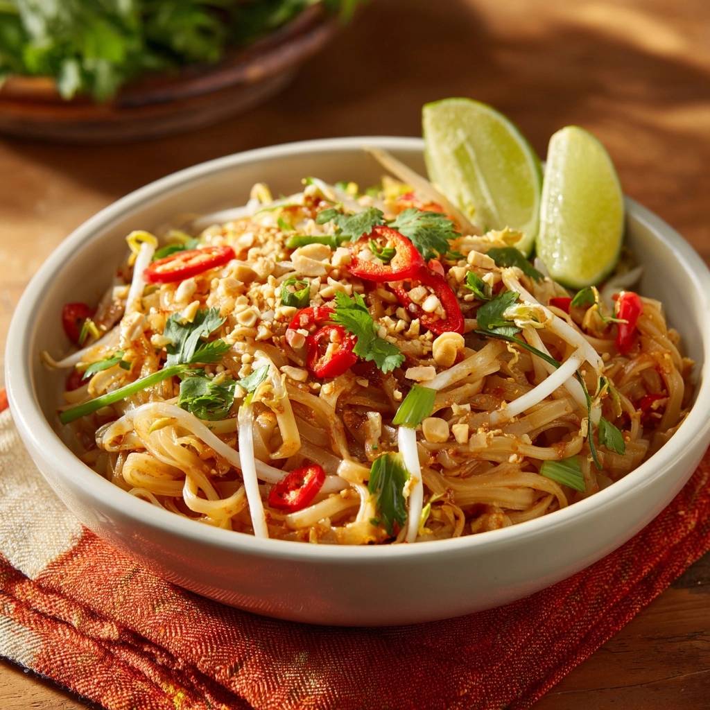 Klassisches Pad Thai Garniert 1 Klassisches Pad Thai, serviert in einer Schüssel und garniert mit frischen Kräutern, Chili und Erdnüssen.
