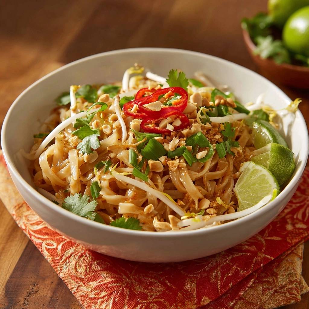 Klassisches Pad Thai, eine Schüssel mit Nudeln, Garnelen, Erdnüssen und Chilis, appetitlich angerichtet.