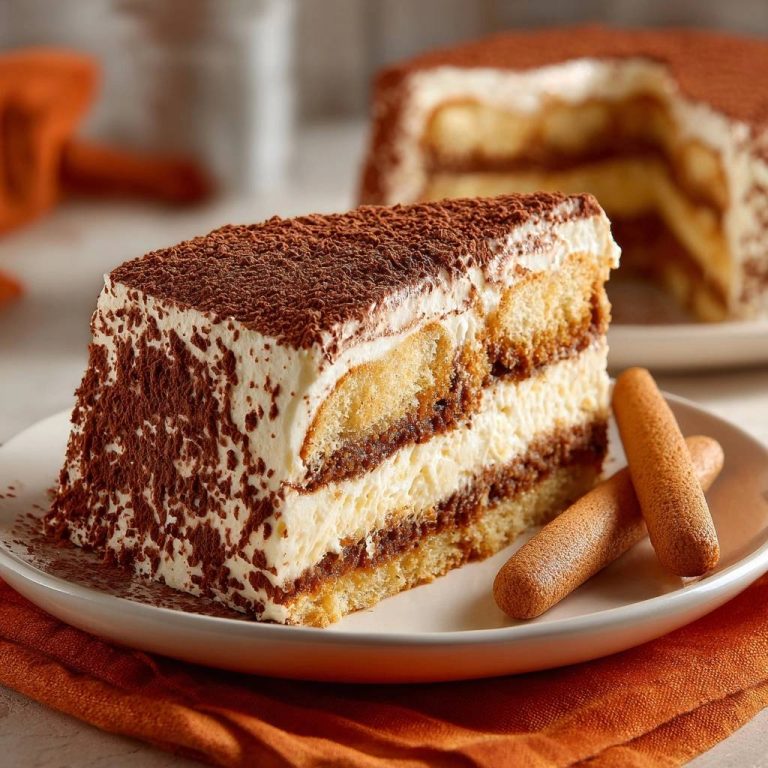 Klassisches Tiramisu angeschnitten auf einem Teller mit Löffelbiskuits und Kakao bestäubt, Nahaufnahme der Schichten.