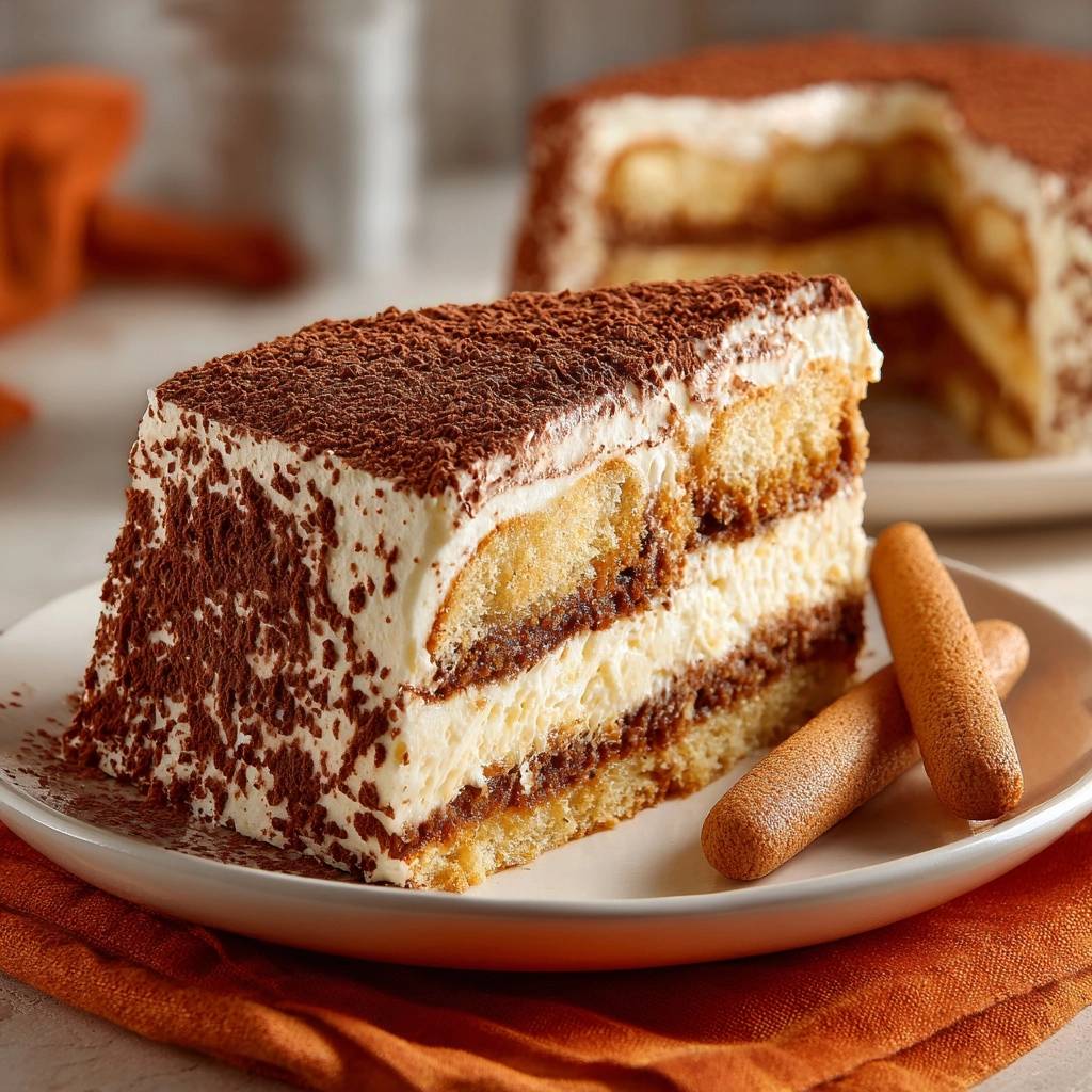 Klassisches Tiramisu angeschnitten auf einem Teller mit Löffelbiskuits und Kakao bestäubt, Nahaufnahme der Schichten.