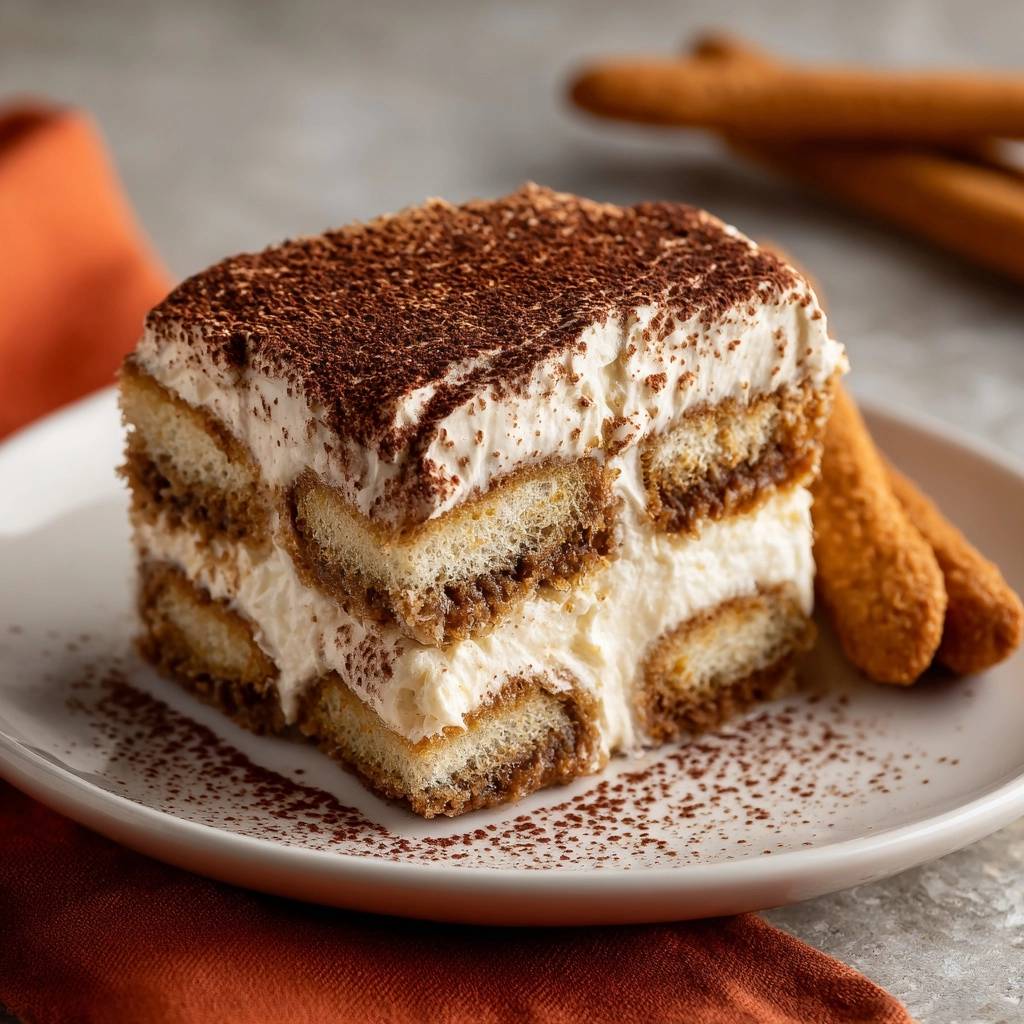 Klassisches Tiramisu Anschnitt Nahaufnahme 1 Klassisches Tiramisu als Anschnitt auf einem Teller mit Löffelbiskuits und Kakaopulver, Nahaufnahme.