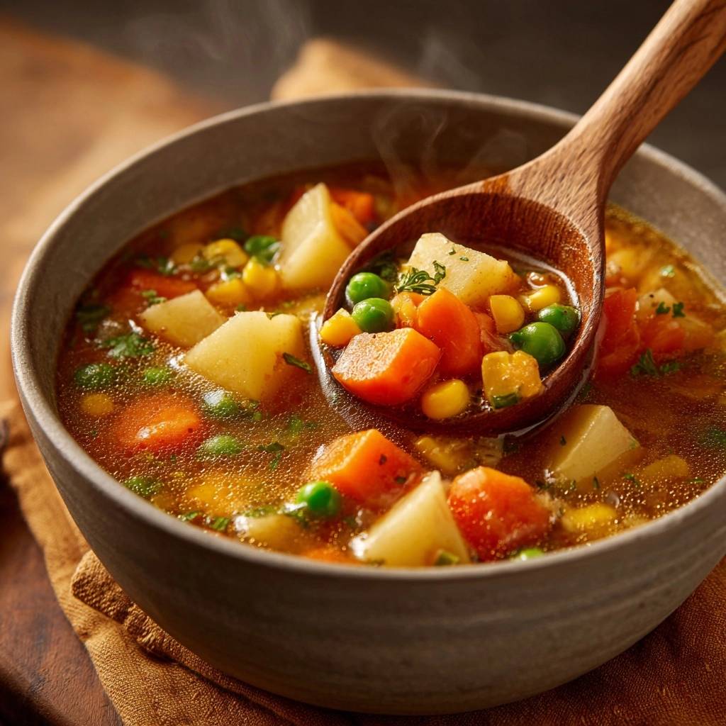 Knackige Kartoffel Gemuesesuppe Lffel 1 Knackige Kartoffel-Gemüsesuppe mit einem Holzlöffel voller Gemüse, der aus der Schüssel gehoben wird.